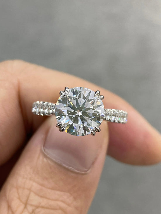 3.7tcw Round Lab Grown, Double Prong, Cathedral French Pave Certified Engagement Ring