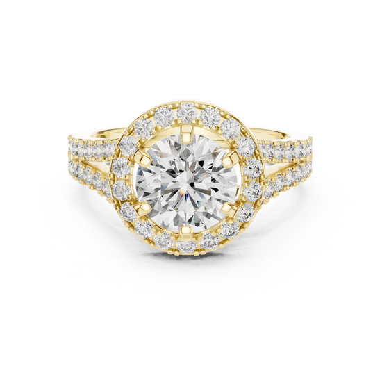Angie - Solitaire with Halo and Split Shank Pave Band